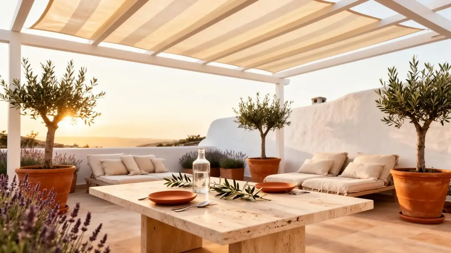 Terraza mediterránea con pérgola y vista al mar